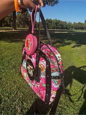 Ed Hardy Pink Floral Tattoo-Print Shoulder Bag with Black Trim